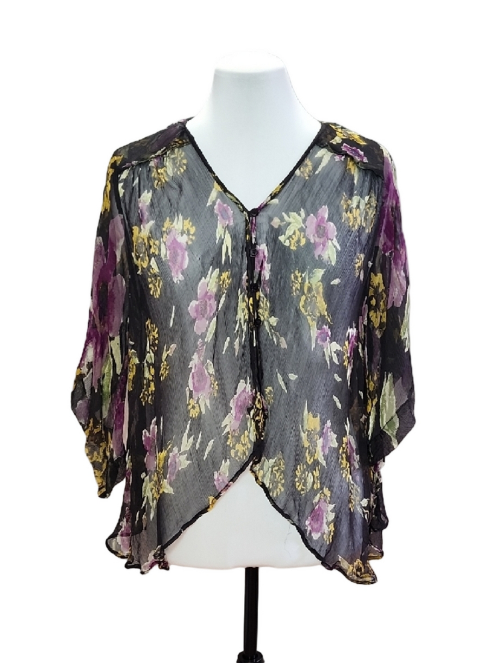 FREE PEOPLE Black floral sheer bell sleeves loose fit blouse